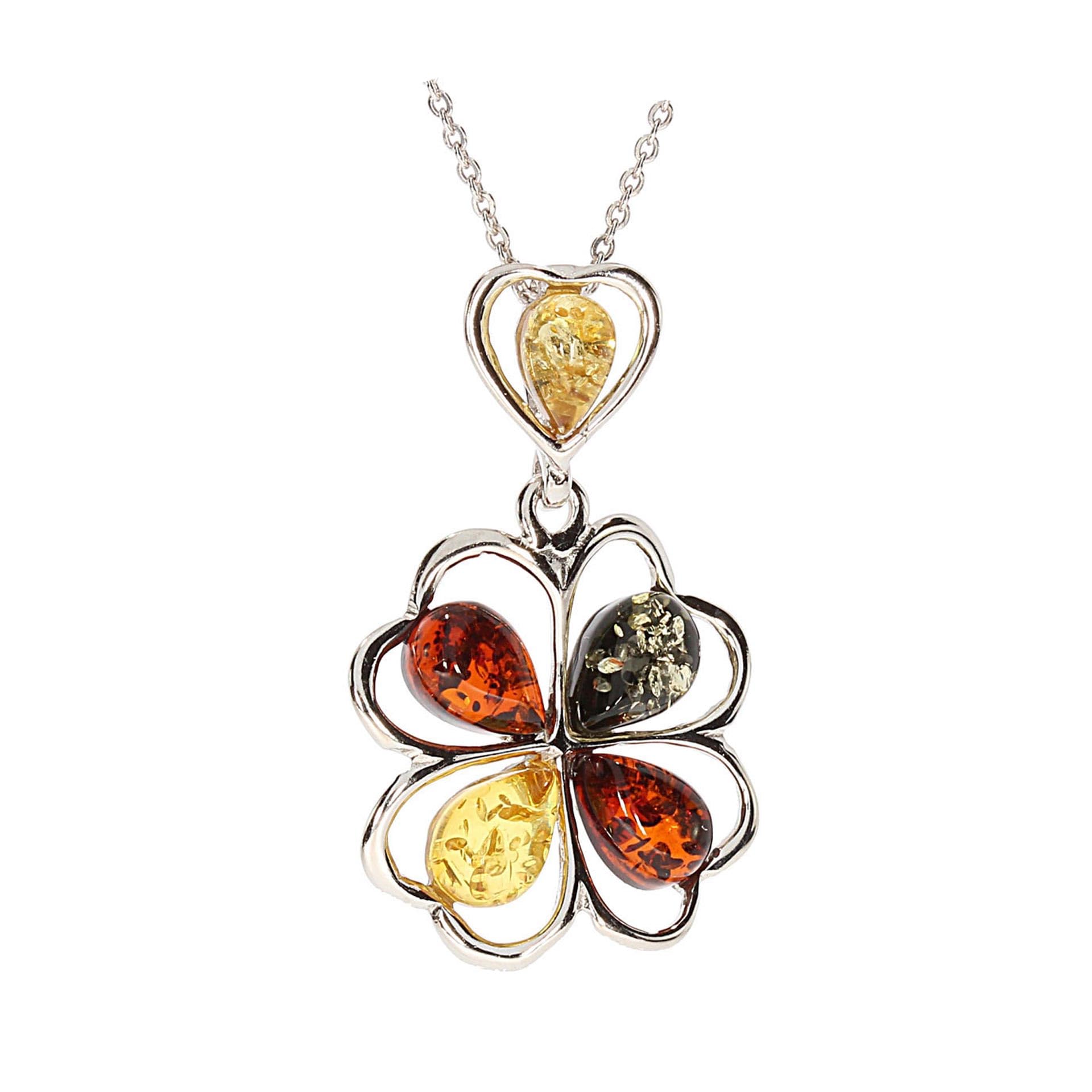 Collana Quadrifoglio In Argento 925 Con Ambra Baltica - Ciondolo Portafortuna Su Catena Regolabile 42-47 Cm, Gioiello Artigianale Con Certificato, Regalo Per Donne