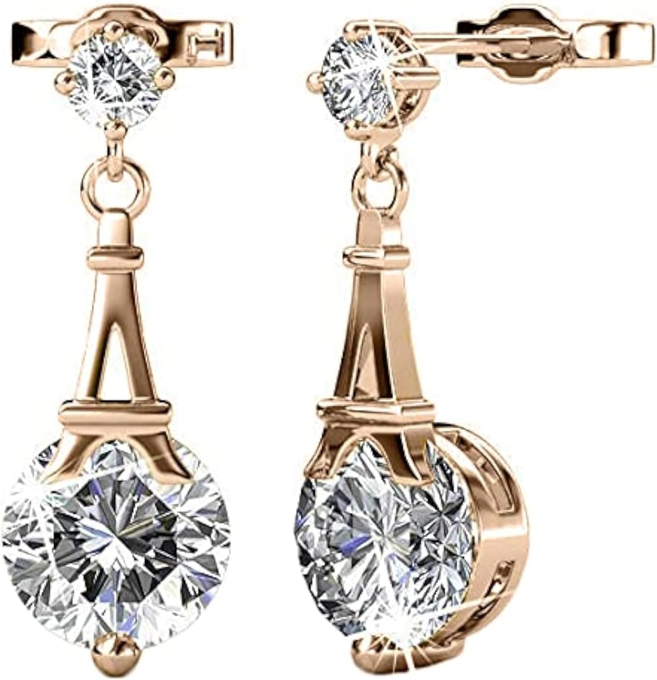 Cate & Chloe Isla 18k Gold-Plated Eiffel Tower Dangle Earrings with Round Cut Simulated Diamond Crystals, Hypoallergenic Jewelry for Women, Giftf or Her on Christmas, Birthday, Anniversary