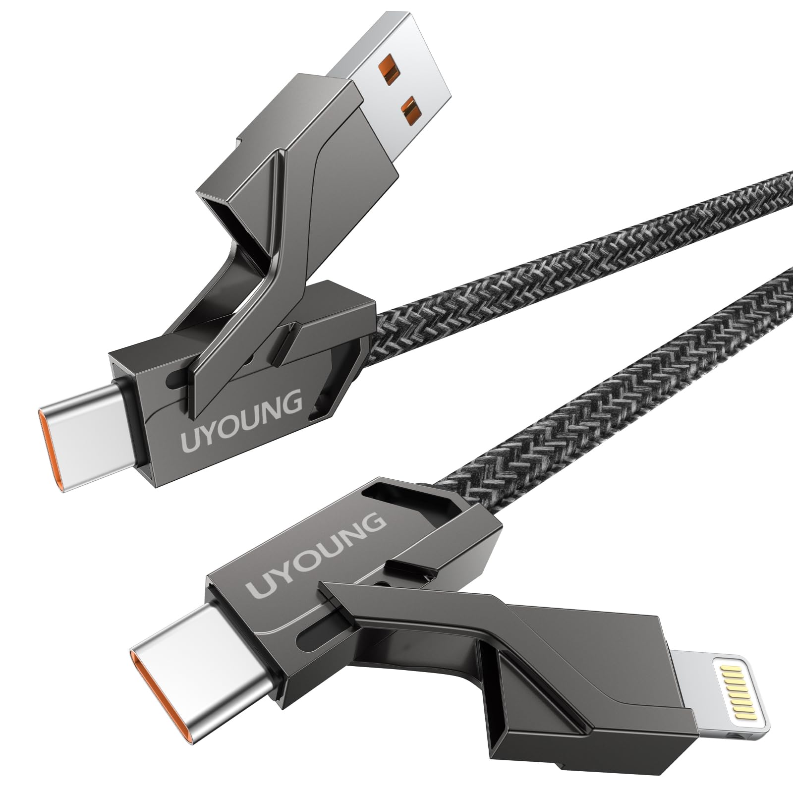 4-in-1 USB C Cable Lightning Cable 6FT 60W Fast Charging Cord Multiple Ports Charger Adapter with Lightning/USB C/USB A Port, Compatible with iPhone16/15/14/13/12/Pro/Samsung, Multi Charging Cable