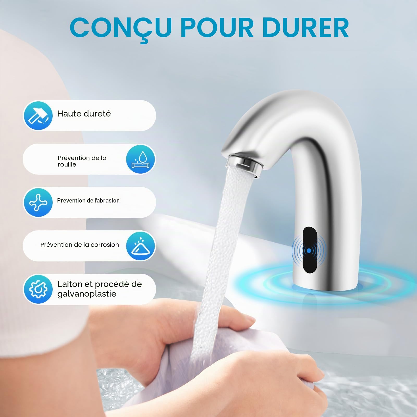 MINRS Robinet avec capteur infrarouge, mitigeur de lavabo automatique à induction, mitigeur de lavabo automatique pour eau froide sans contact pour salle de bain, lavabo