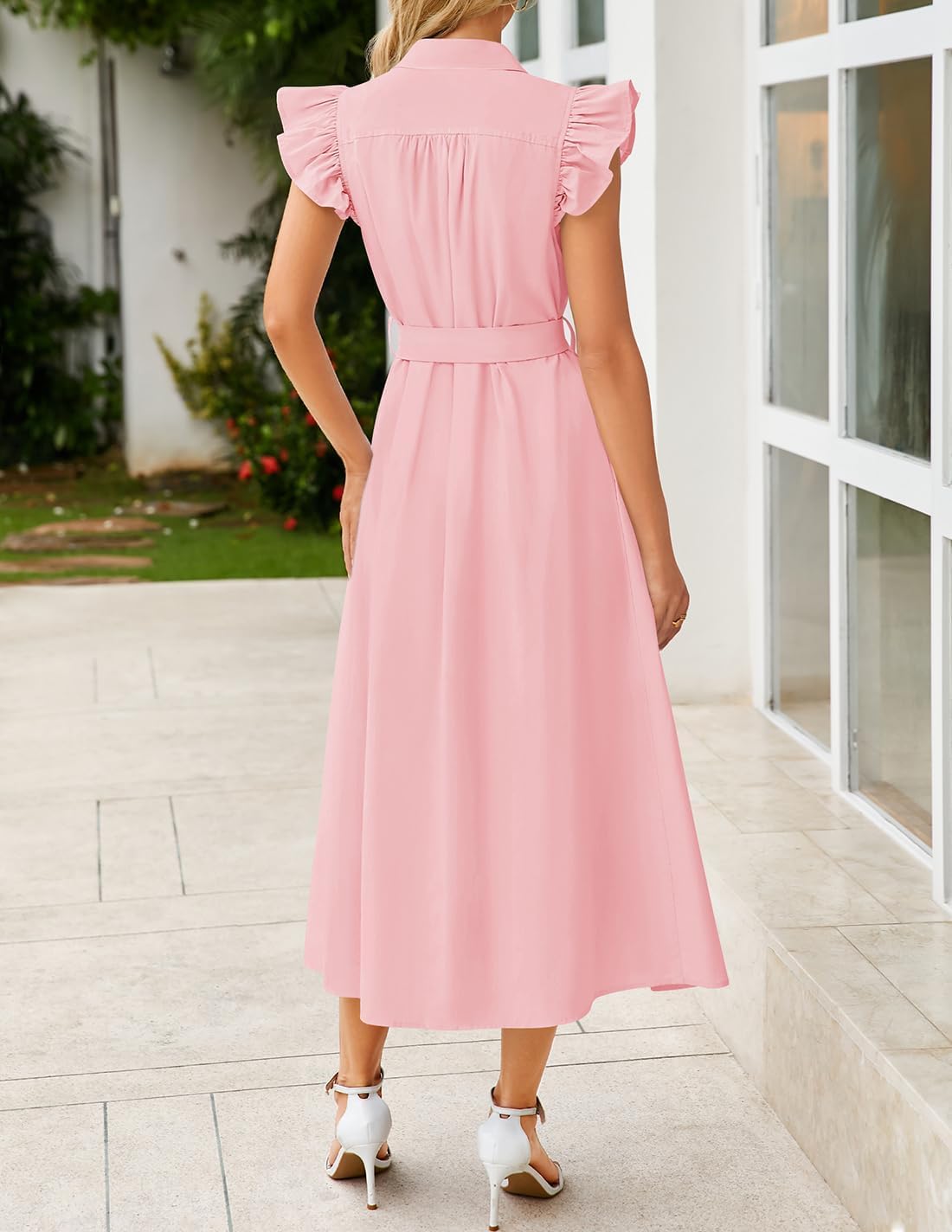 ZESICA Womens Summer Button Midi Dresses 2026 Flutter Short Sleeve Belted Business Casual Work Long Dresses with Pockets - Image 6