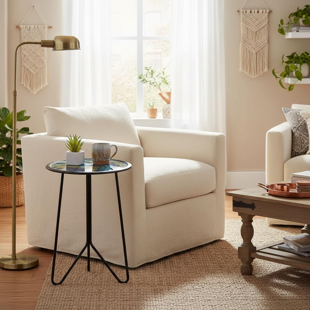 LIFFY Patio Side Tables,12" Indoor Outdoor Metal Side Table with Glass Tabletop,Round Decorative Plant Stand & Accent Table for Garden, Yard, Balcony, Backyard, Porch