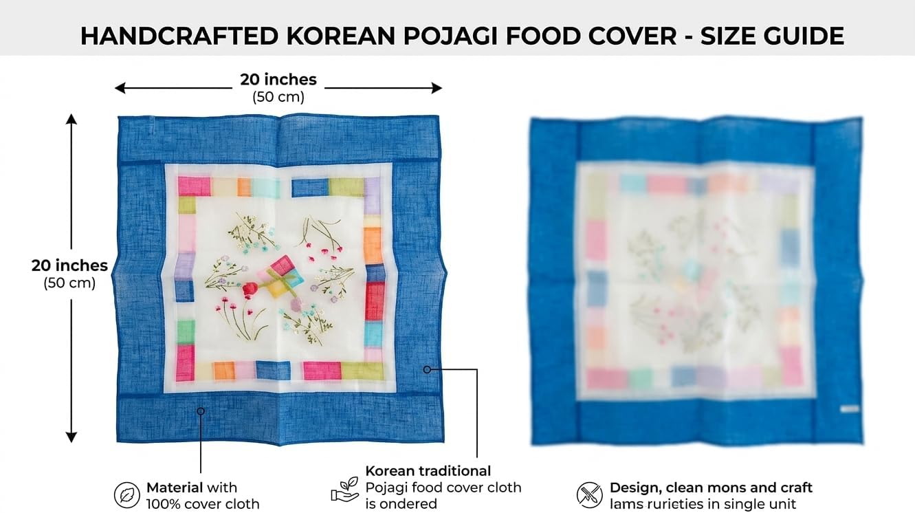 KoreanTraditional Patchwork Table Cover - 20" x 20" Decorative Fabric Dish Cover with Floral Embroidery & Hanging Loop - Handmade Style Table Decor for Home & Kitchen (Blue)