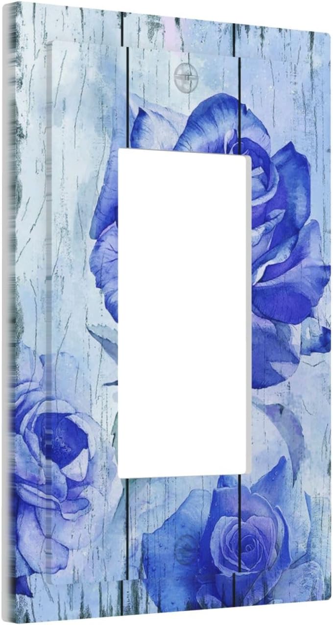 Blue Rose Flower Rustic Wood Plank Floral Decorative Outlet Covers 1 Gang Single Rocker Light Switch Cover Plate Wall Plates GFCI Faceplate for Farmhouse Home Decor