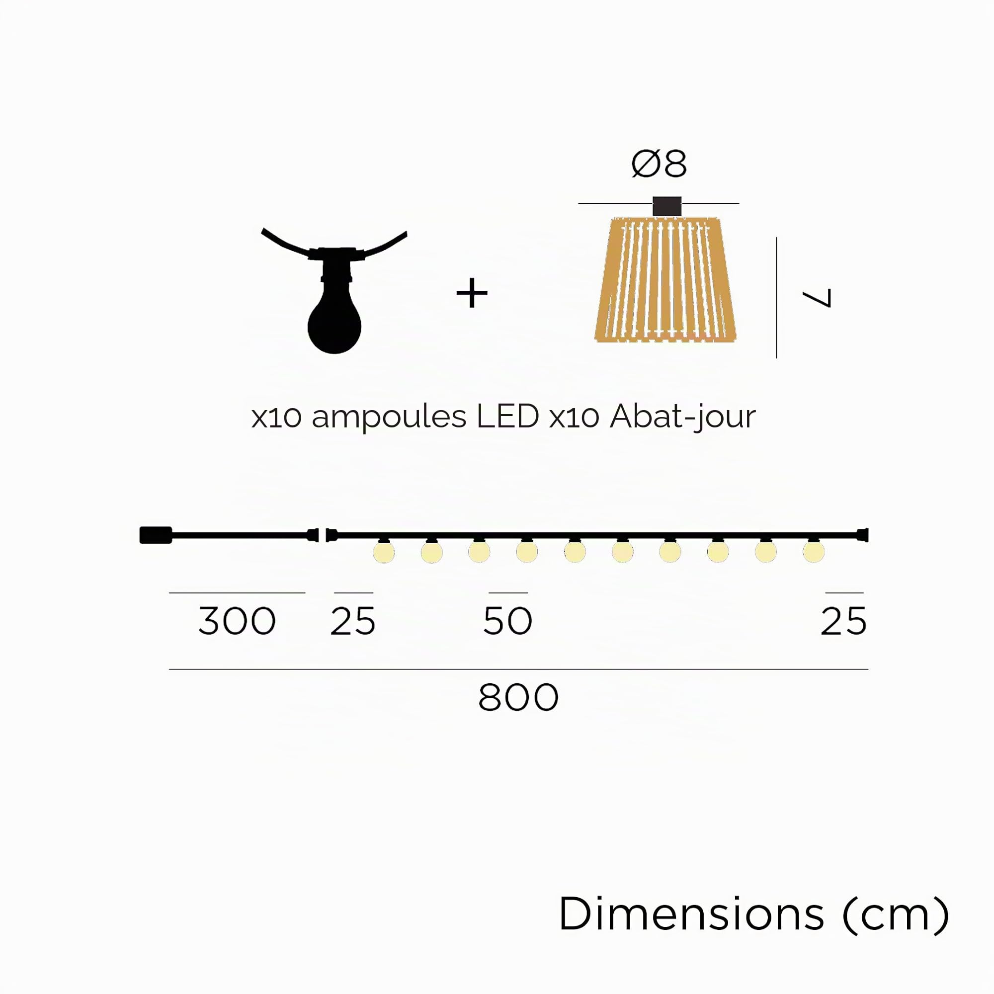 Okinawa Guirlande lumineuse d'extérieur en fibre de bambou avec 10 lanternes LED 8 mètres de long (solaire + batterie), Blanc
