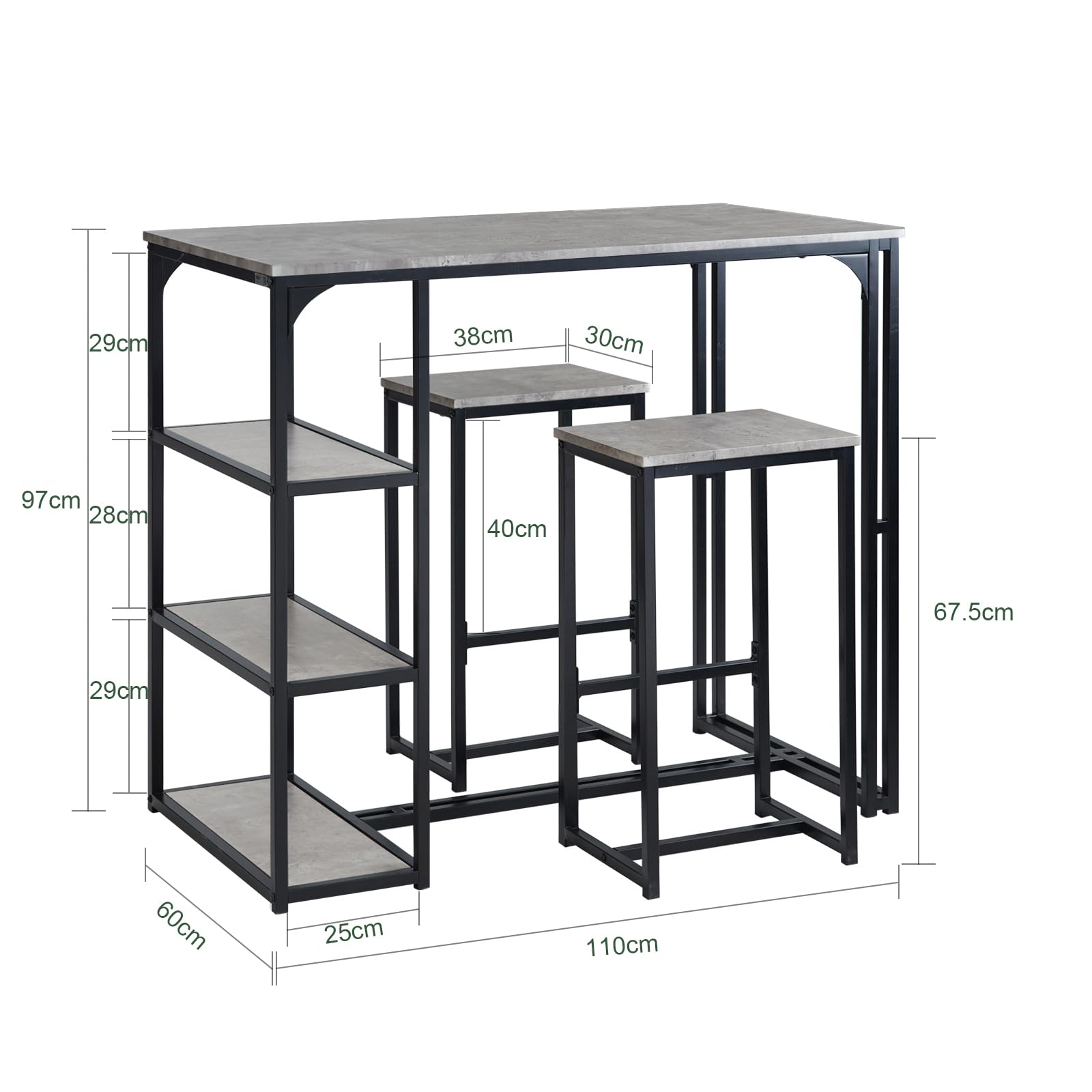 SoBuy Ensemble de Meubles de Balcon Lot de 3 Tables + 2 tabourets, Table Haute 3 étagères Gris OGT43-HG