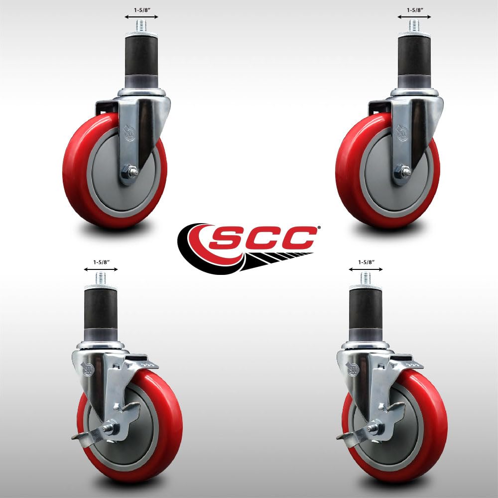 Stainless Steel Polyurethane Swivel Expanding Stem Caster Set of 4 with 5 Inch Red Wheels and 1-5/8