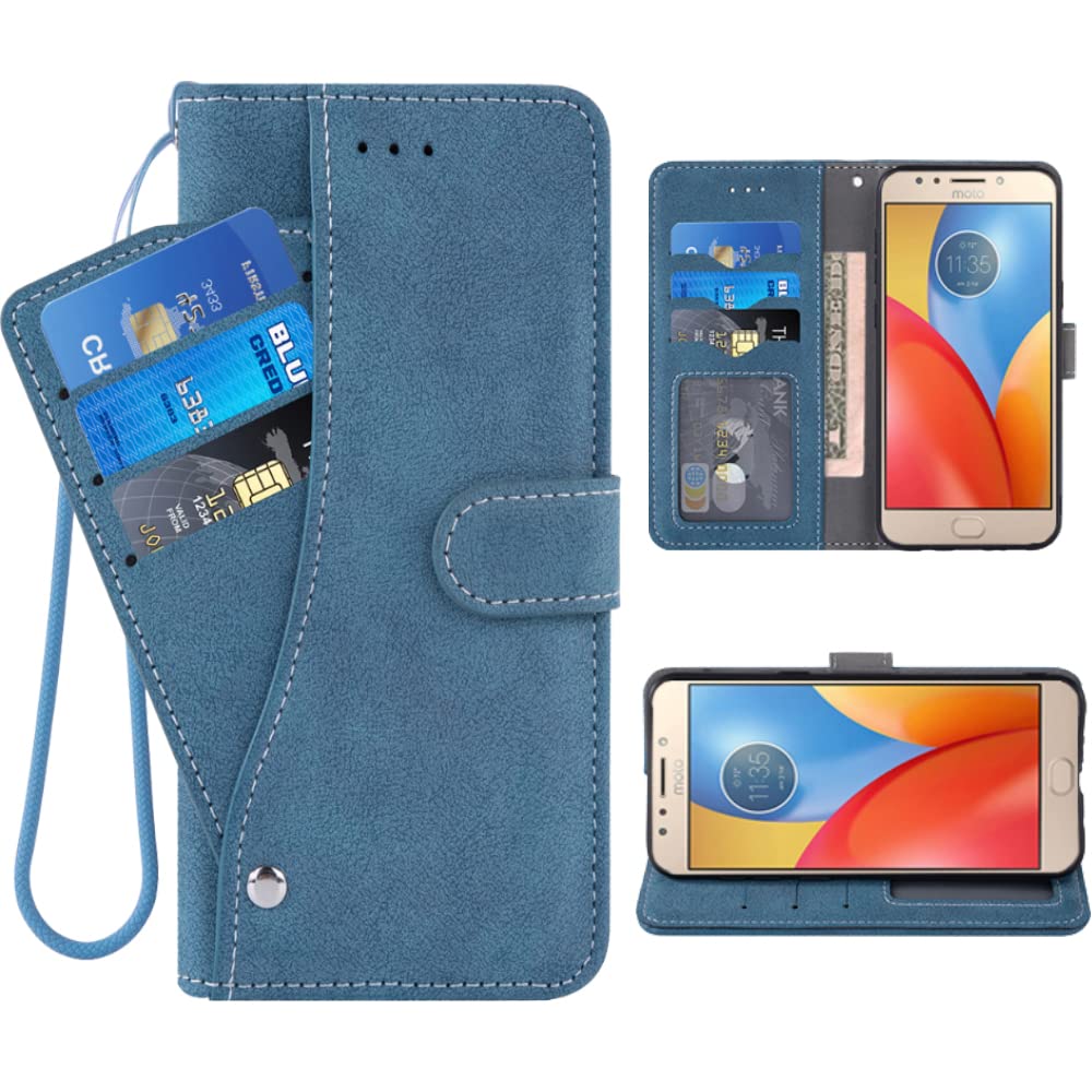ELISORLI Compatible with Moto E4 Plus Wallet Case Wrist Strap Lanyard Leather Flip Card Holder Stand Cell Accessories Folio Purse Phone Cover for Motorola Moto E4Plus 5.5 E4+ Women Men-Blue