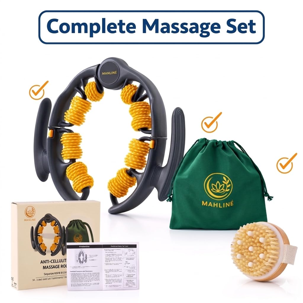 Anti-Cellulite Massagegerät mit Trockenbürste – Manuelles Faszienmassage Set für Beine, Po, Bauch & Arme – Hautstraffung & Lymphdrainage – Inklusive Baumwollbeutel