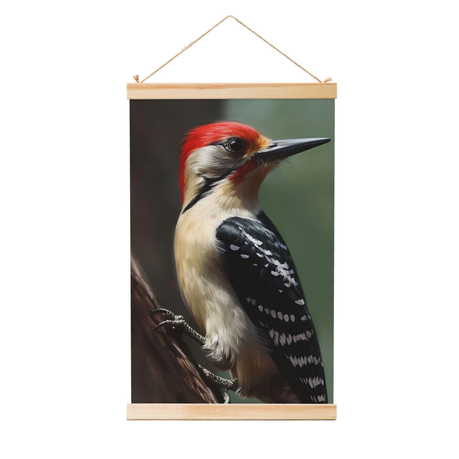 Woodpecker Posters Wooden Shaft Hanging Poster Canvas Prints Scroll Wall Art Painting Vintage Wall Banner Modern Artwork Decor for Home Decor Ready to Hang 20"x30"