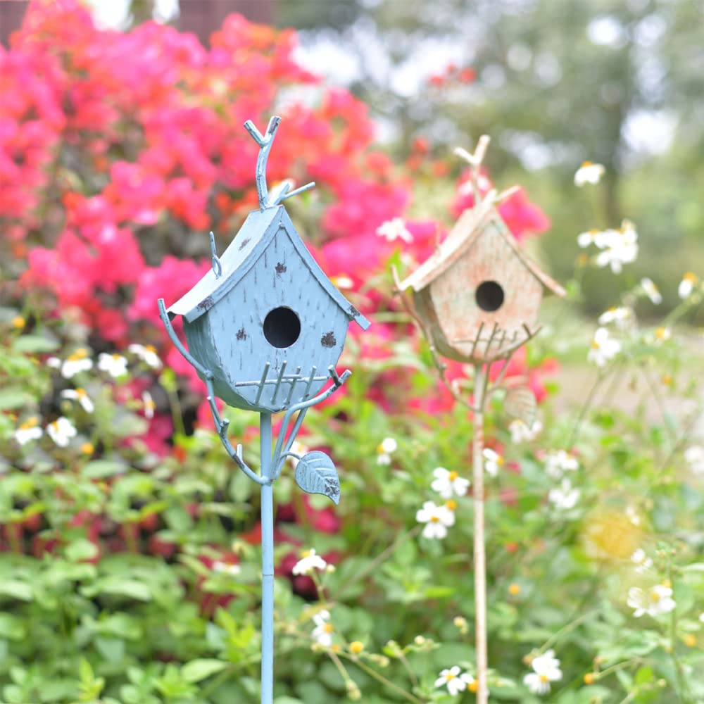 Casas de pájaros para exteriores con poste, estaca de metal para exteriores, casa rústica para pájaros en soporte de poste para decoración de casa de pájaros, decoración decorativa de jardín y patio