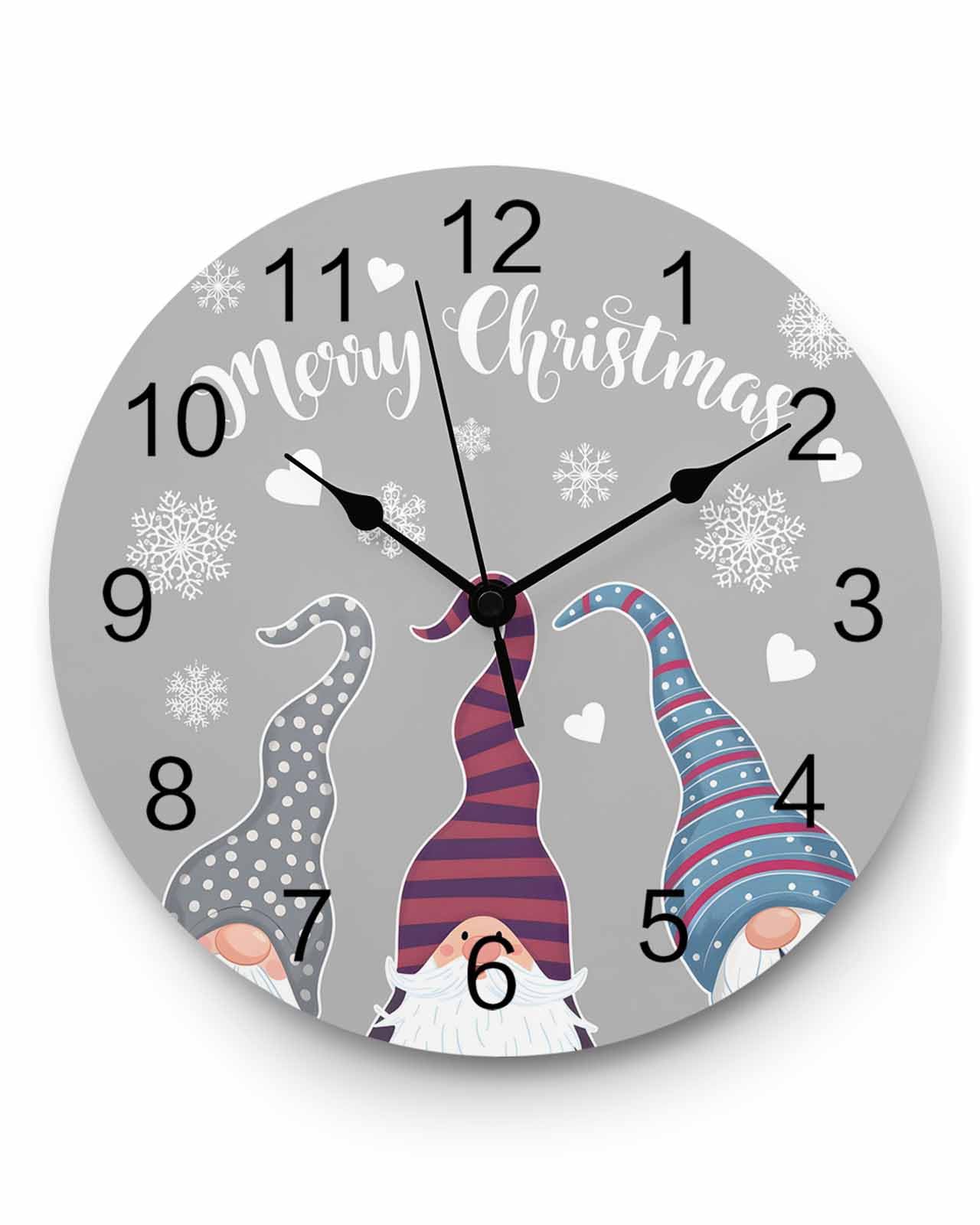 Ensound Christmas Wall Clock Santa Claus Gnomes Clocks Wooden Silent Non-Ticking Battery Operated Snowflake Love Heart Grey Round Clock for Home Living Room Kitchen Bedroom Office School 12 Inch