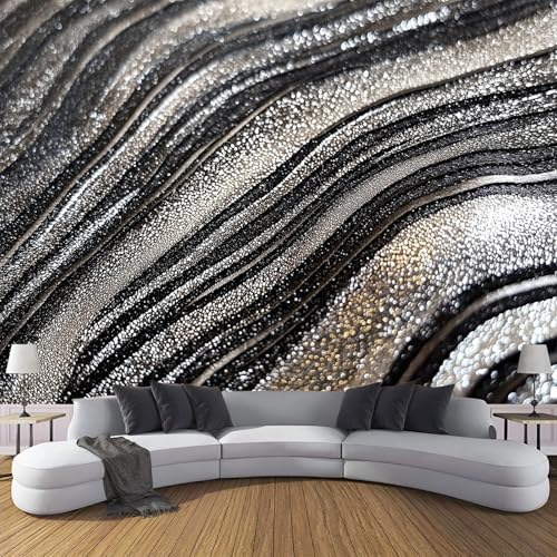 Papel Pintado Abstracto 150×105cm Fotomurales Para Pared 3D, Mármol Rayado Negro Plateado Papel Tapiz Pintado En Tejido de seda - Pared Moderna,Plata Negro Murales Fotográficos Decorativos