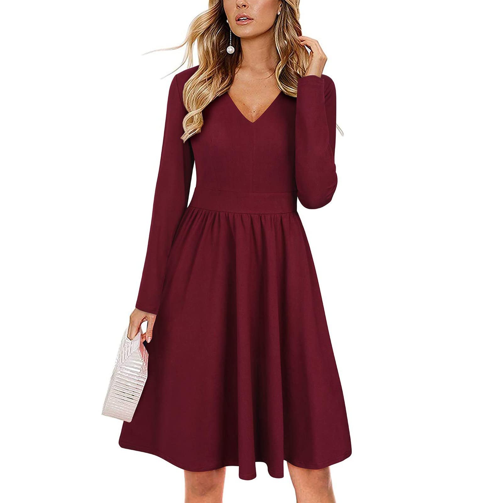 Cocoarm Vestido Corto Elegante para Mujer Cuello en V Manga Larga Vestido Casual Cintura Alta Mini Vestido Vestidos de una Línea Color Sólido Vestido de Fiesta Vestido de Cóctel Vestido Túnica Otoño Invierno