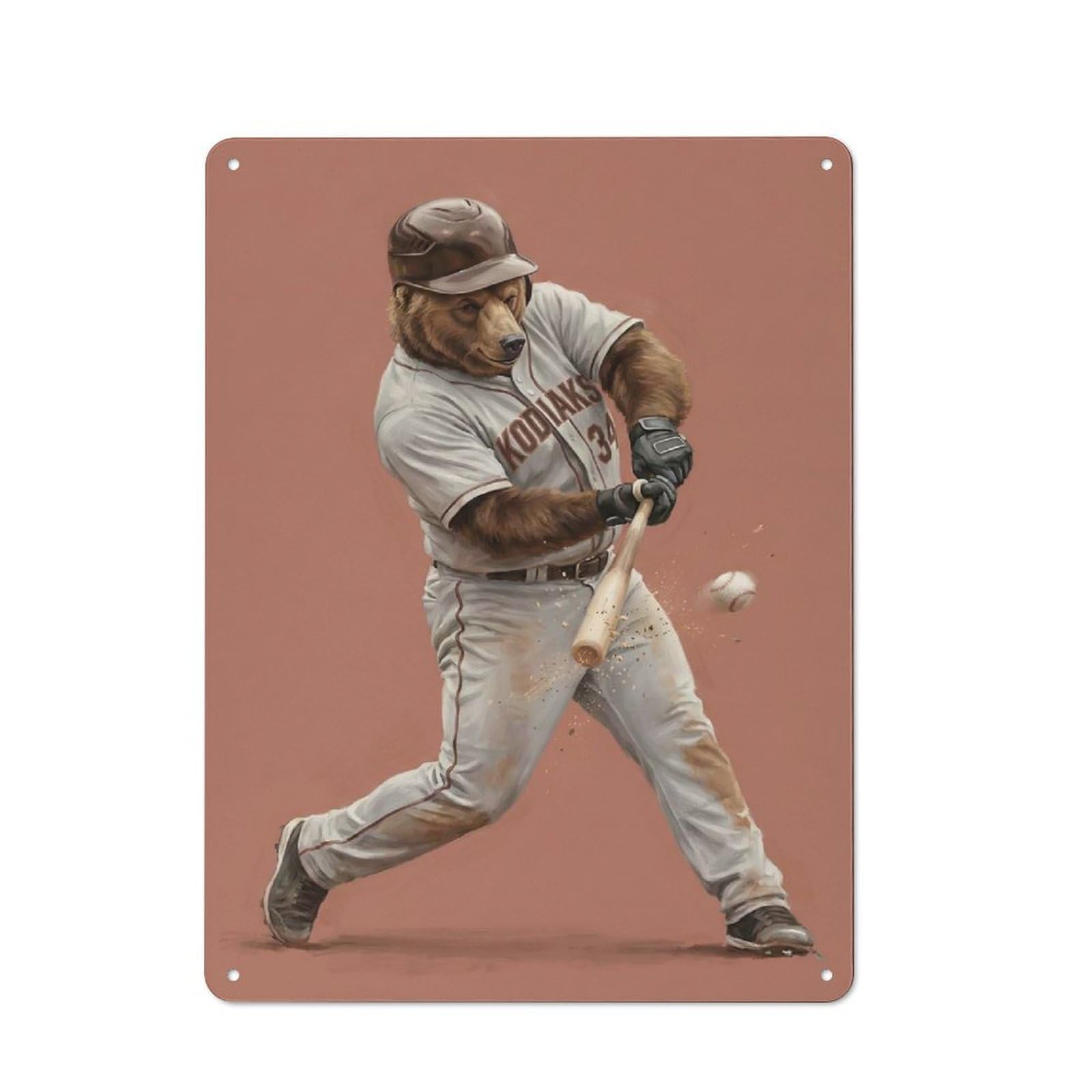 Bear Baseball Player Hitting Ball Metal Wall Plaque 40x30cm, Vintage Nostalgic Wall Art for Bedroom, Office, Home Bar Or Dining Room