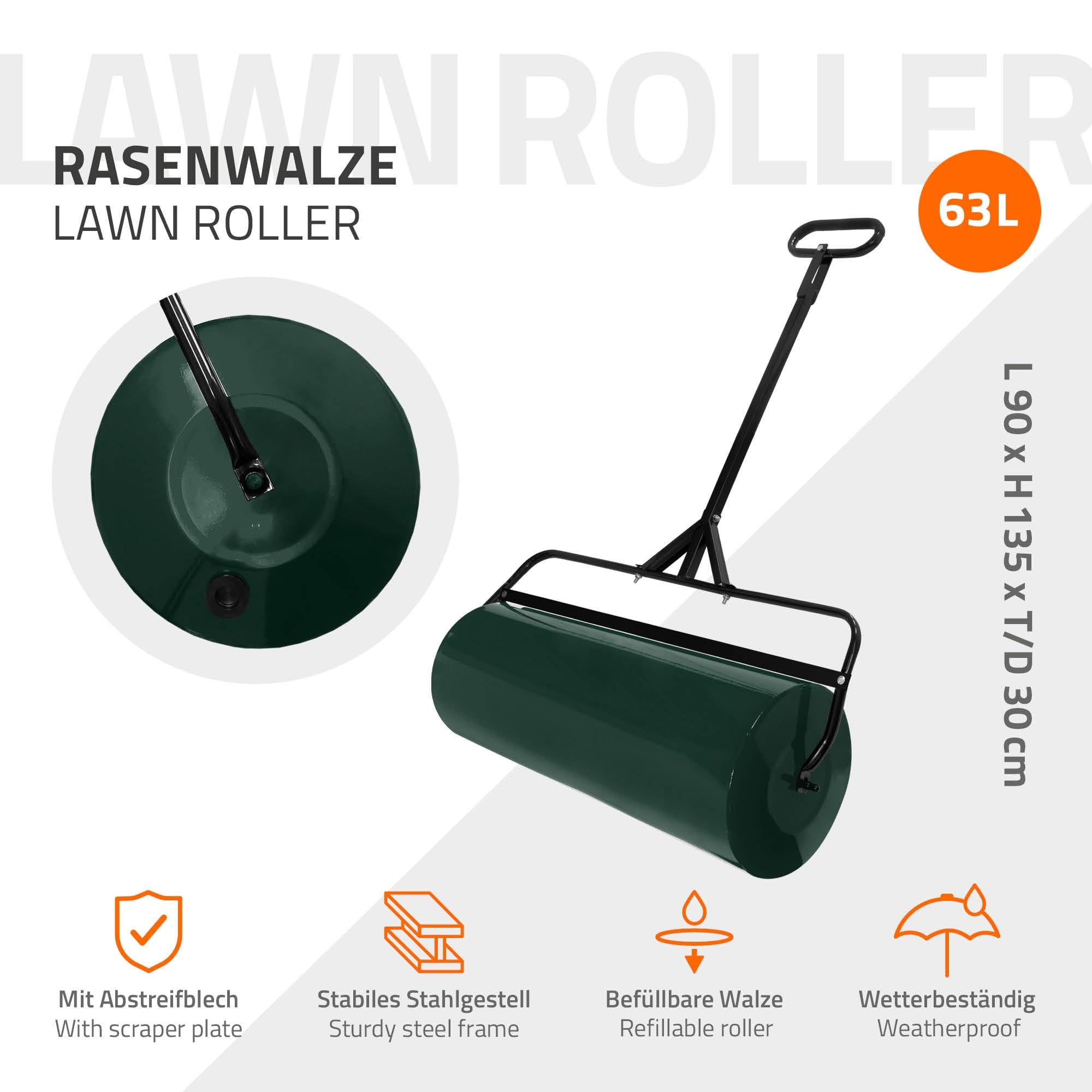 ECD Germany Rodillo de Césped de Acero Verde 90cm de Ancho Aplanador de Jardín 63 litros de Volumen Ø30cm, Rellenable con Agua/Arena Apisonadora Compactar, Aplanar y Remover la Tierra para Plantas