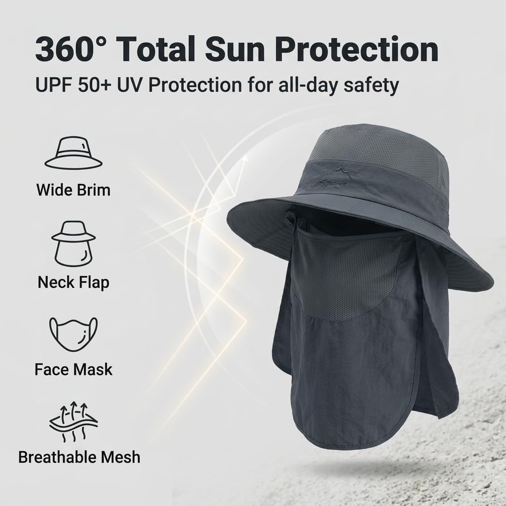 Gustave Sun Protection Cap Wide-Brim Quick-Dry Removable Flap Hat Grey 2