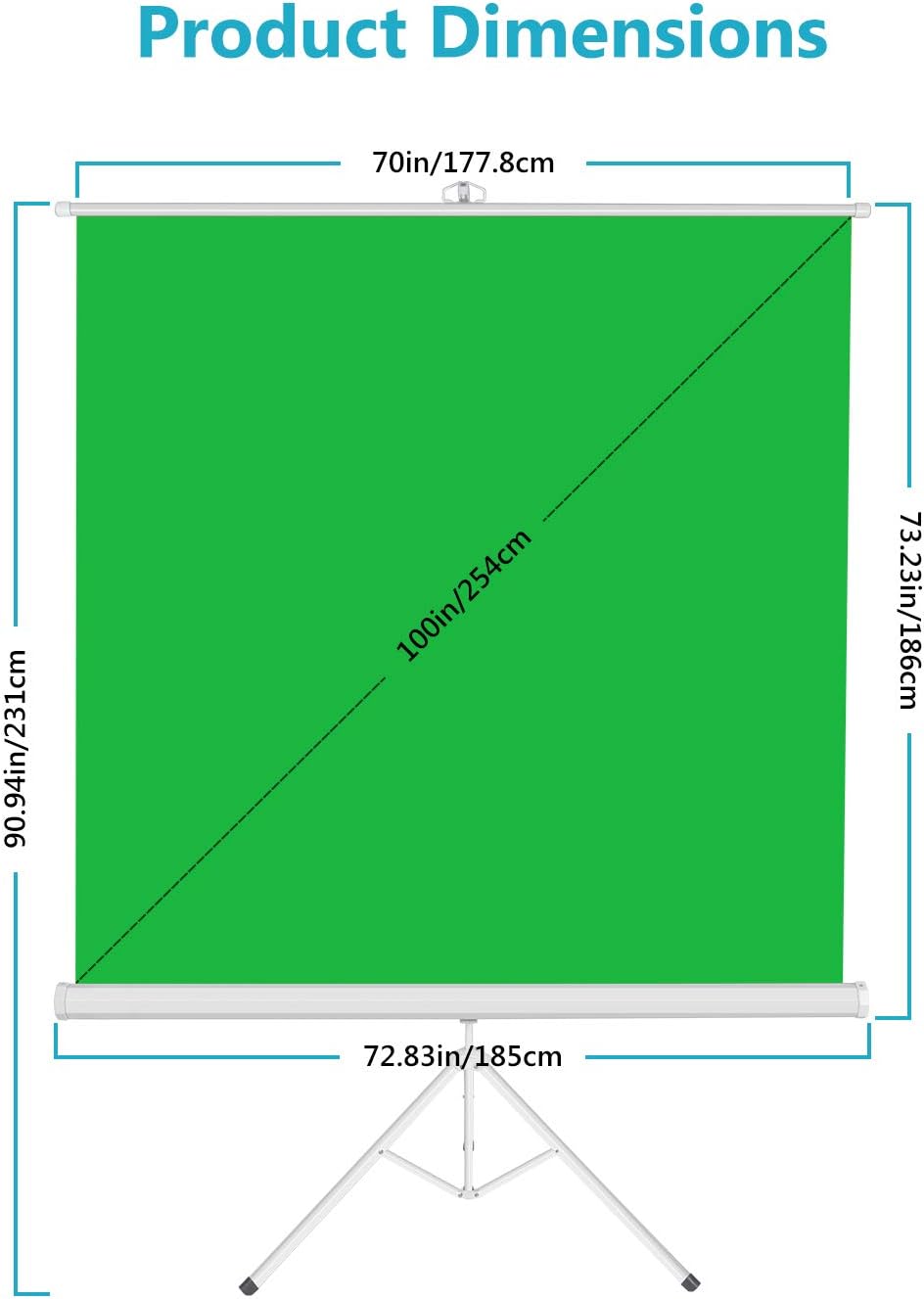 Diagram showing the product dimensions of the green screen, including width, height, and diagonal measurements in inches and centimeters.