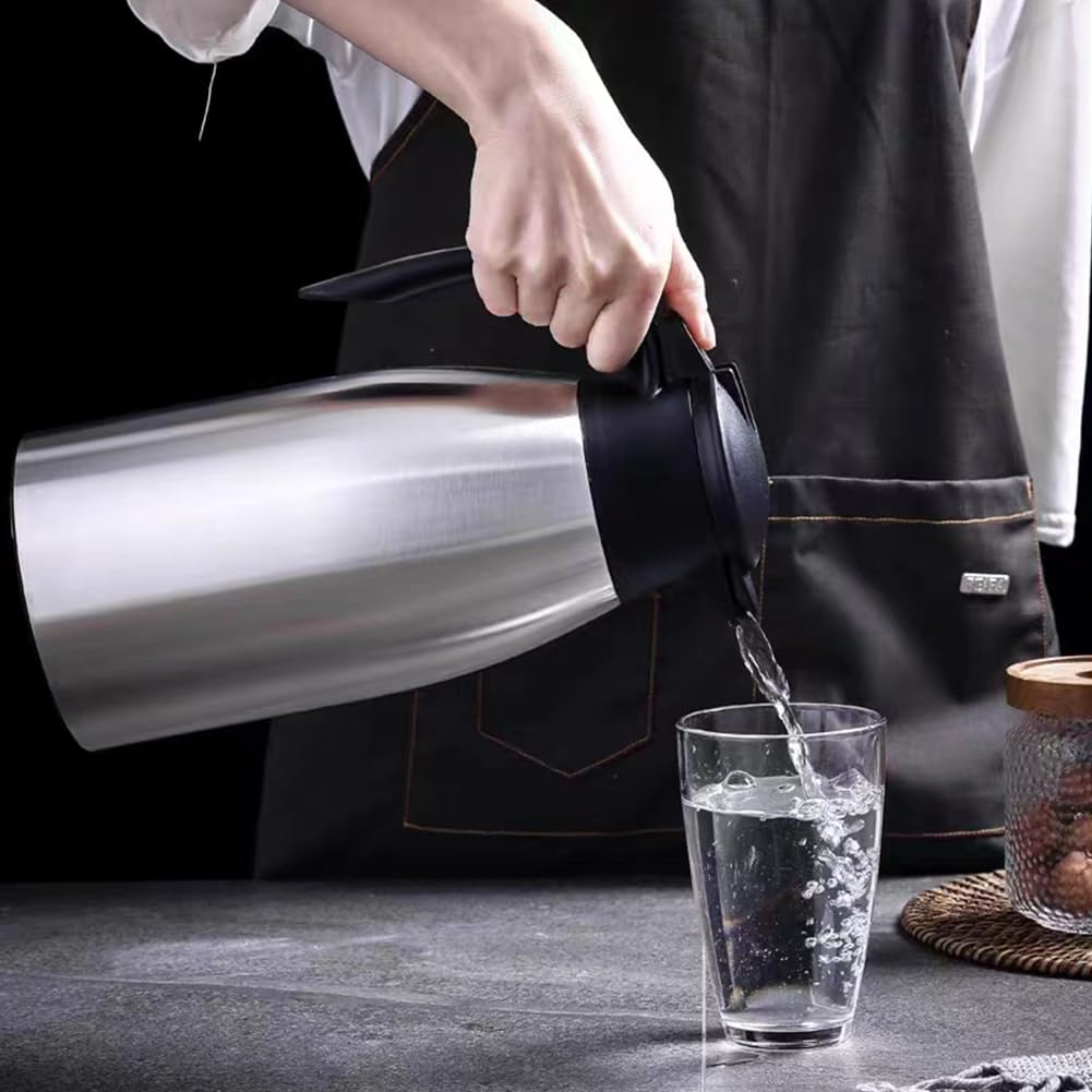 Thermo-Kaffeekaraffe, 2 l, isolierter Edelstahl, doppelwandige Vakuum-Topfflasche – Heißgetränke-Spender/Wasser, Tee, hält 12/24 Stunden heiß/kalt (Silber)