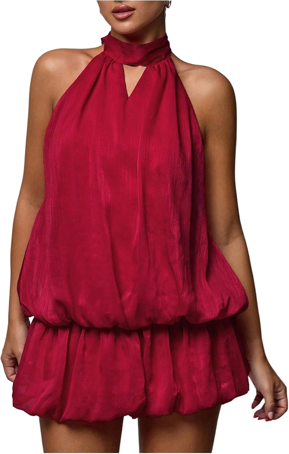 Verdusa Women's Cut Out Tie Backless Halter Dresses Ruffle Mini Bubble Dress Medium Burgundy