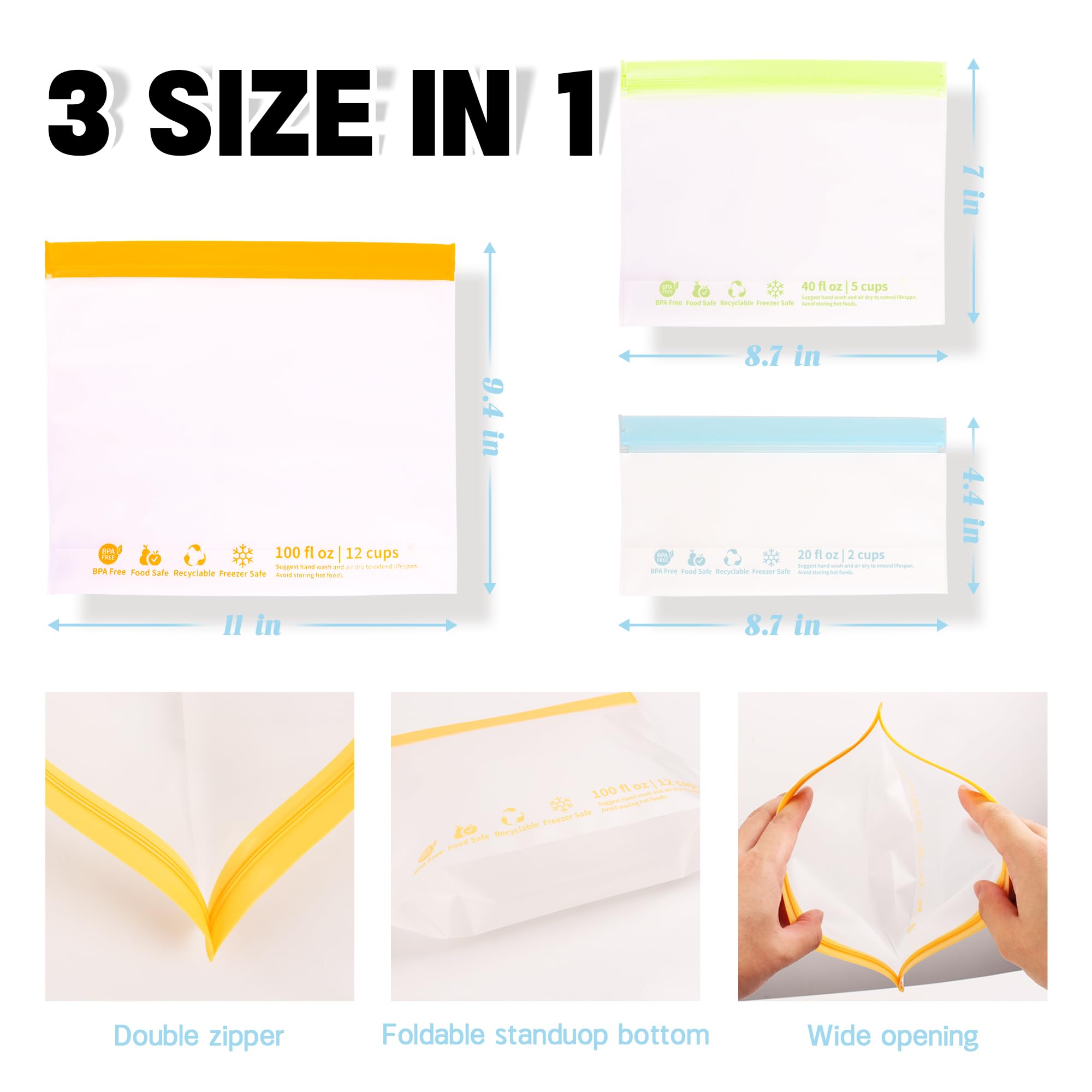 24 Pack Reusable Food Storage Bags,Leakproof Freezer Bags BPA Free Stand Up Sandwich Bags for Lunch Salad Fruit Travel,Dishwasher Safe(8 Gallon,8 Sandwich,8 Snack)