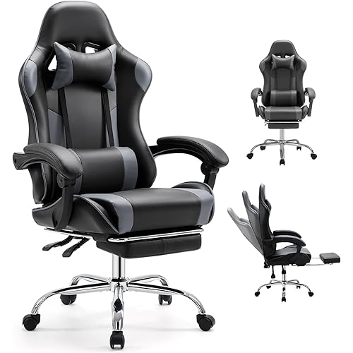 DUMOS Ergonomic Gaming Office Desk Chair with Footrest and Headrest for Adults, PU Leather Video Computer Chair with Linkage Armrests, Height Adjustable 360° Swivel Recling Chair, Black Grey