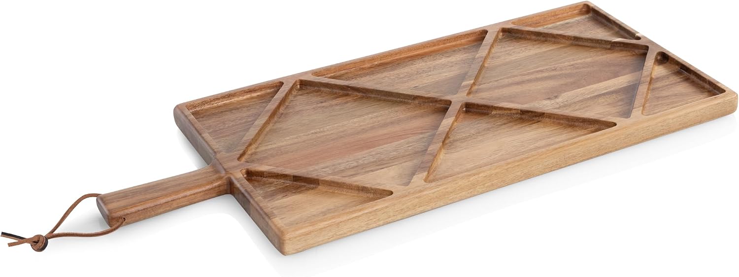 PICNIC TIME Grazing Sectioned Charcuterie Serving Board, Wooden Cheese Serving Tray, Compartment Appetizer Platter with Handle, (Acacia Wood)