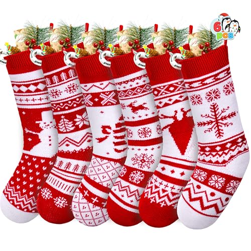 JOYIN 6 Pack 18" Christmas Knit Stockings, Large Rustic Yarn Xmas Stockings Bulk, Cable Knit Xmas Stockings with Snowflake Snowman Reindeer Character for Christmas Tree Fireplace Holiday Decorations