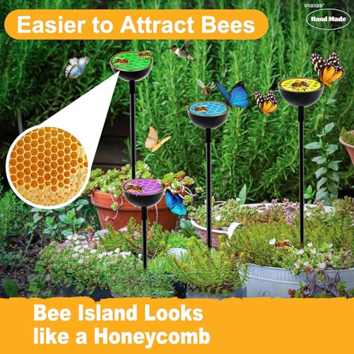 WSBXBB 4 Pack Bee Cups for Garden with Bee Island, Bee Waterer and Butterfly Water Stations, Bee Water Catcher Cups for Thirsty Pollinators, Bee Bath, Colorful Metal Garden Sculpture Stakes Decor