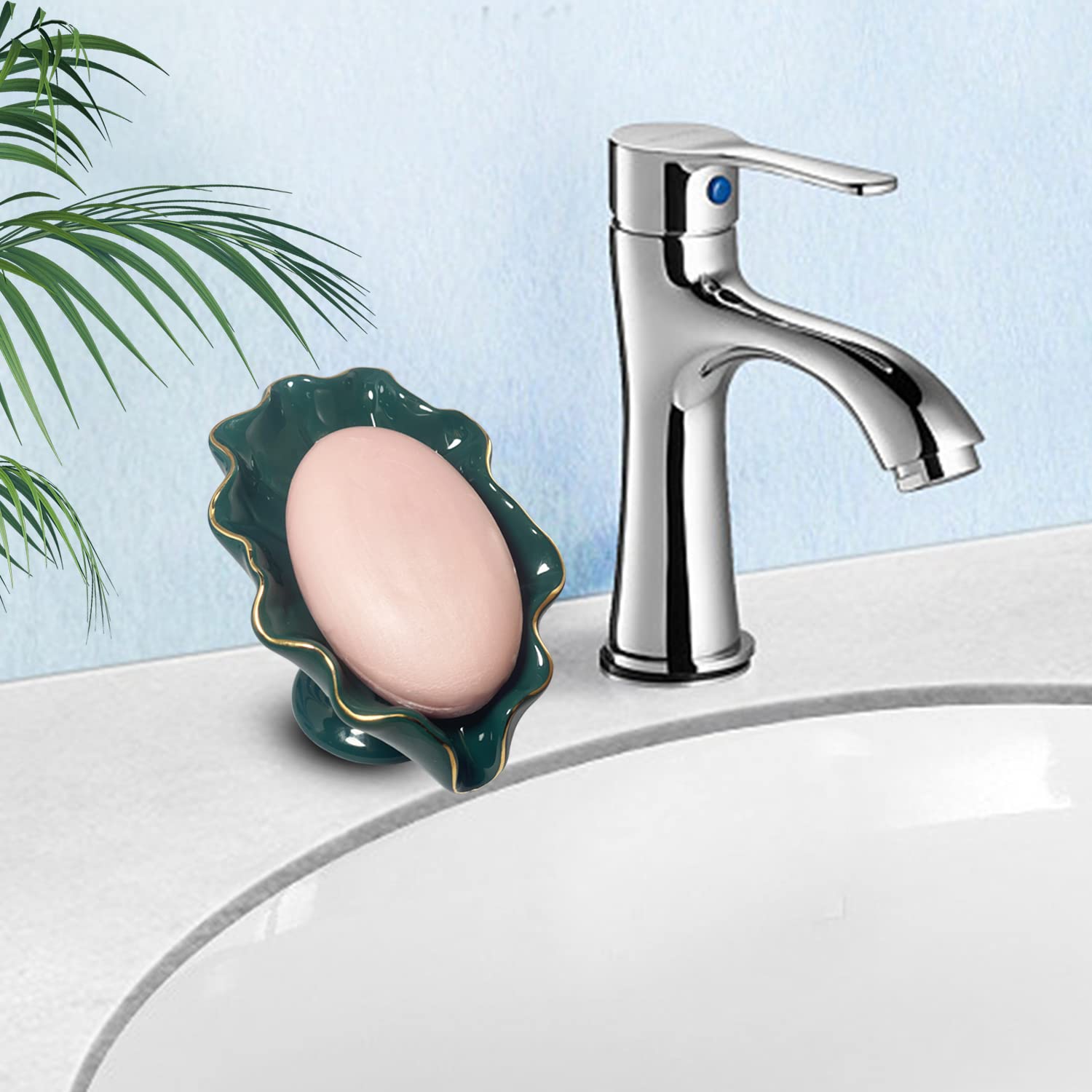 Portasapone A Cascata In Ceramica Verde Con Motivo Foglia Di Loto – Autodrenante Per Bagno E Cucina (13.8x11.5x7.5 Cm)