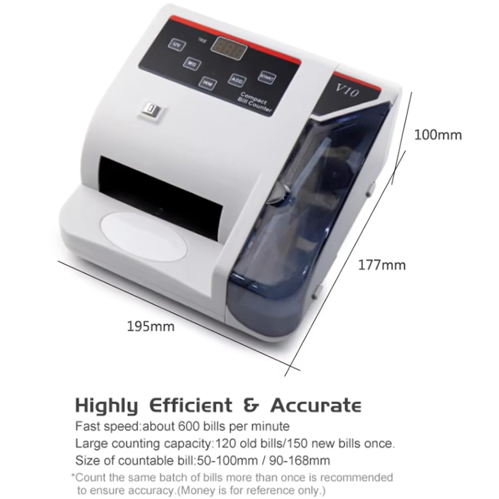 Conta Banconote Portatile, Mini Conta Banconote 600 Banconote/Min con Rilevamento UV MG WM, Display LED con Funzione ADD & Batch, per Tutte le Valute Estere