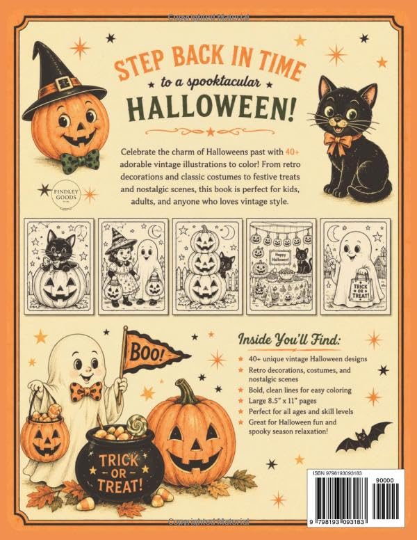 Vintage Halloween Coloring Book: Retro Halloween Nostalgia for Adults & Teens - Pumpkins, Black Cats, Witches, Ghosts, Trick-or-Treaters & Mid-Century Halloween Decorations image 3
