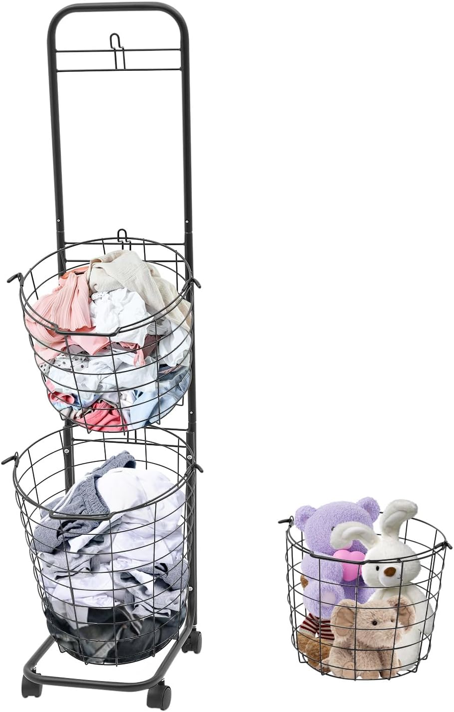 3 Tier Laundry Basket on Wheels Breathable & Detachable Laundry Hampers Tilt-out Clothing Sorting Baskets Snack Storage Cart Metal Rack Shelf with Practical Hooks for Bedroom Kitchen Black