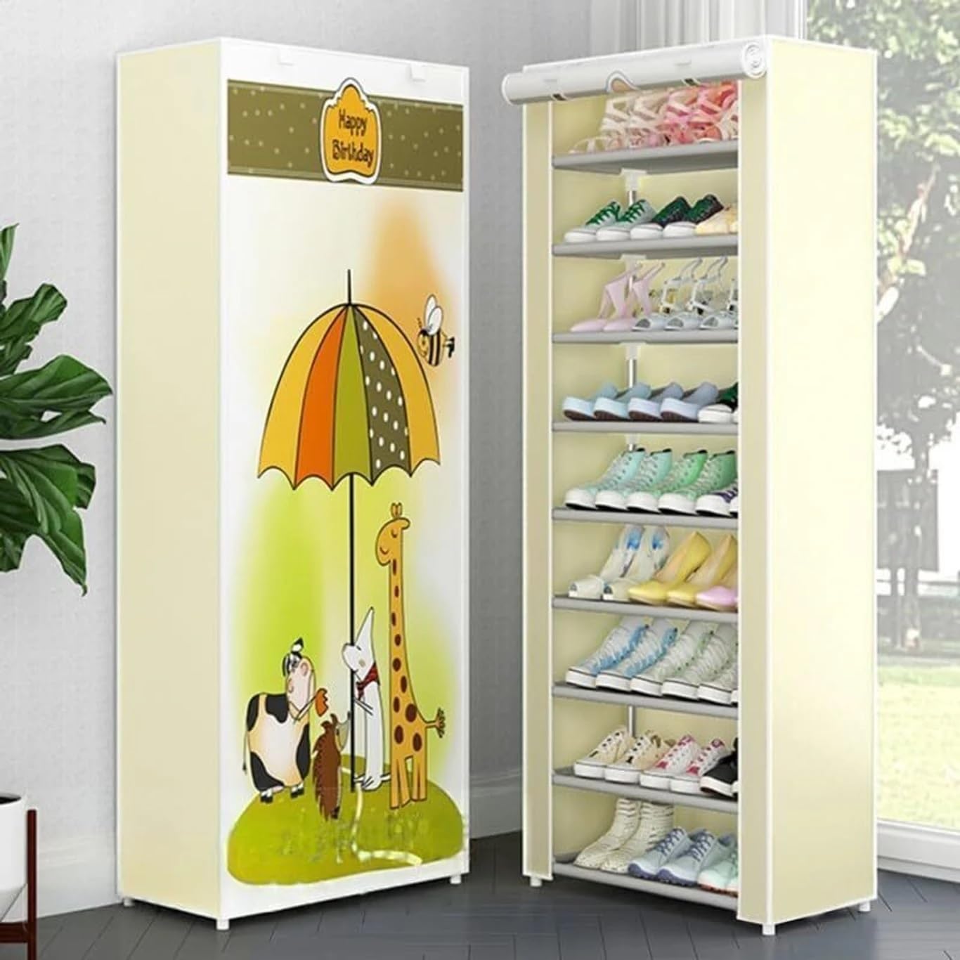 BuenoVida Shoe Rack for Home Metal with Cover 9 Layer Multipurpose Shoe Stand for Storage Organizer Cabinet Material (Blue, Bird Print)-image-28