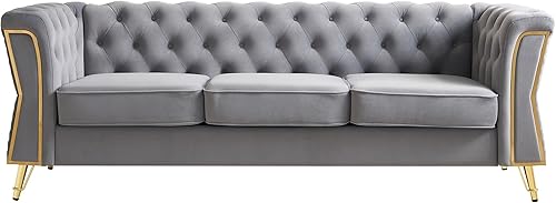 Miniatura 3 de KEIKI Sofá capitoné Chesterfield de terciopelo de 87 pulgadas con cojines de espuma de alta densidad, sofá de 3 plazas estilo moderno con decoración