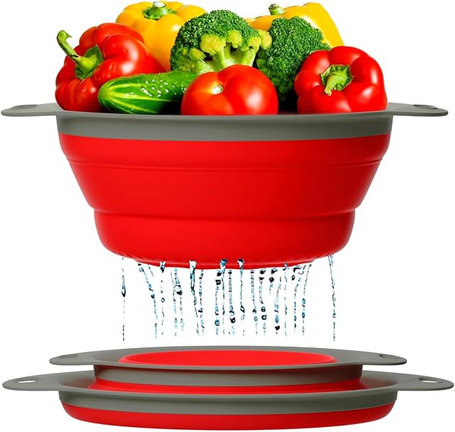Ultimate Kitchen Strainers Set of 2 - Collapsible Silicone Colanders For Easy Storage by Comfify - Use with Pasta, Fruit, Berries & Veggies - Red