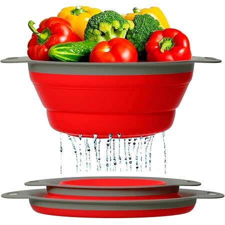 Ultimate Kitchen Strainers Set of 2 - Collapsible Silicone Colanders For Easy Storage by Comfify™ - Use with Pasta, Fruit, Berries & Veggies - Red
