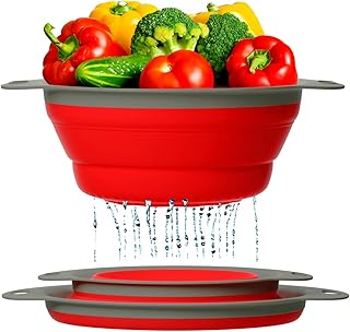 Ultimate Kitchen Strainers Set of 2 - Collapsible Silicone Colanders For Easy Storage by Comfify - Use with Pasta & Veggies or as a Fruit or Berry Bowl with Strainer - Irreplaceable for Campers & RVs - Red