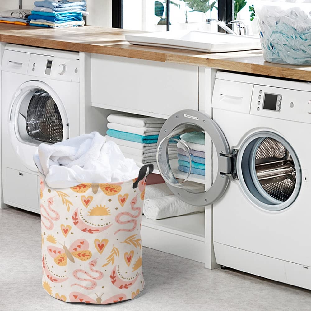 Reateforin Round Baby Storage Basket,Boho Mid Century Collapsible Kids Toys Bin,Books Shelf Basket,Gift Basket Pink Sun Moon Rainbow Basket for Girls Cute Nursery Room Decor Cloths Hamper 19.7