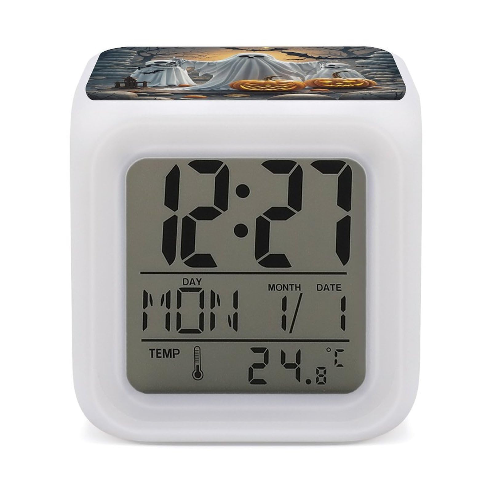 FekiLoot Pumpkin Lantern Ghost Alarm Clock for Heavy Sleepers Small Digital Alarm Clock with Date Temperature Wake Up Digital Clocks with 7 Colors Changing Desk Clocks for Bedroom Bedside Nightstand