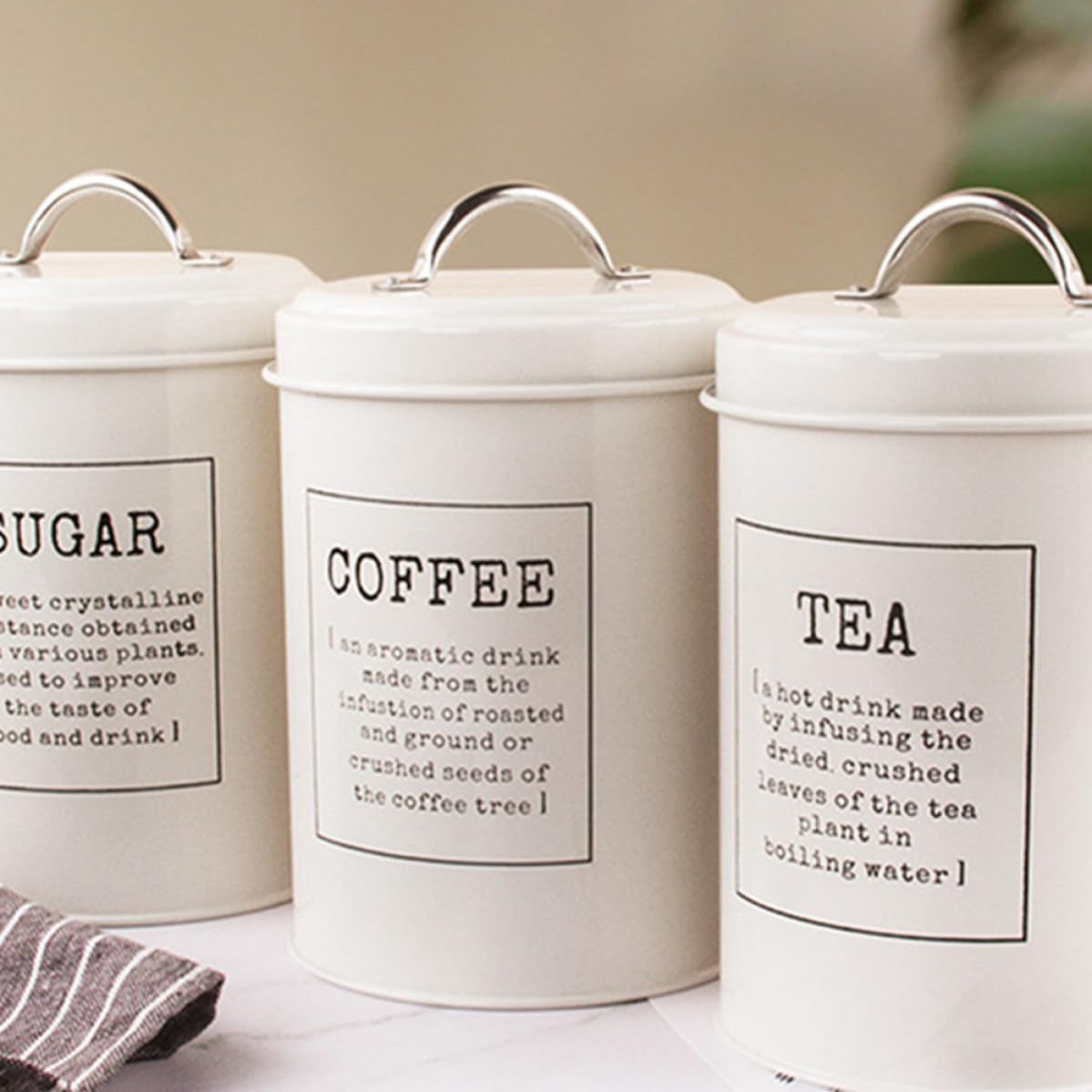 Tarros de Almacenamiento de Cocina 3 Piezas de Hierro Blanco | Tapa Sellada, Gran Capacidad, para Hojas de Té y Granos de Café, Estilo Nórdico para Barra y Estante Estilo Aleatorio