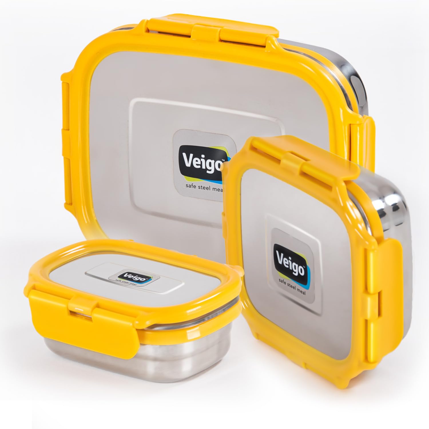 Veigo Steel Lunch Boxes for Office Men, Tiffin Box for Office Men, Lunch Box for Kids | 1140 ml Capacity | Includes 630 ml, 330 ml, and 180 ml Containers | Leakproof & Airtight | Yellow (B0C6H5YHKD) Amazon Price History, Amazon Price Tracker