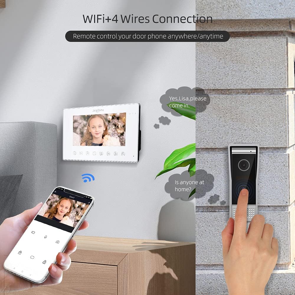 A person's hand holding a smartphone displaying the Tuya app interface, showing a live feed from the doorbell camera. The indoor monitor is mounted on a wall, and the outdoor doorbell is installed next to a door. Text indicates 'WiFi+4 Wires Connection' and 'Remote control your door phone anywhere/anytime'.