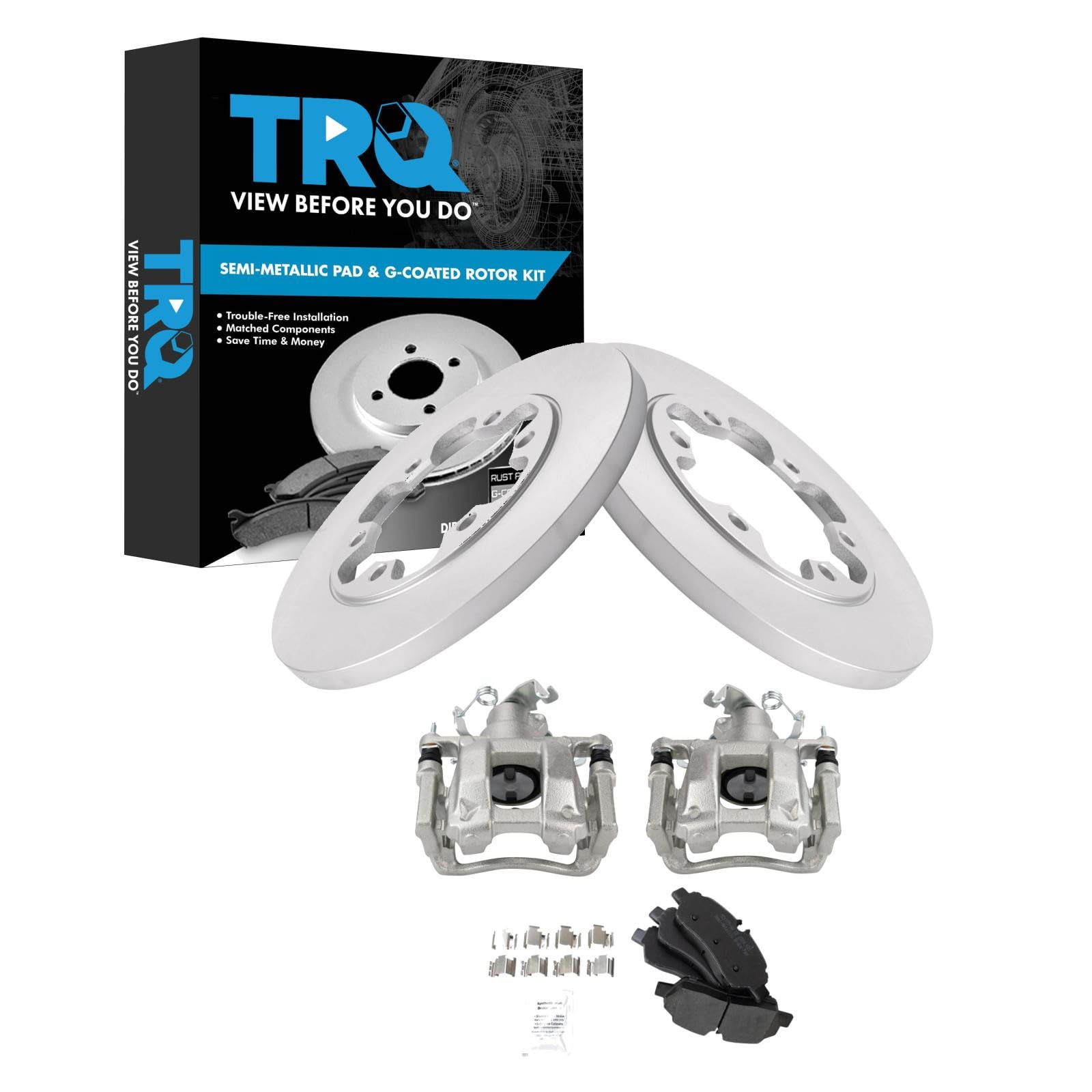 TRQ Rear Brake Pad and Rotor Set Semi Metallic Coated Rotors Calipers Compatible with 2015-2019 Ford Transit-350 HD