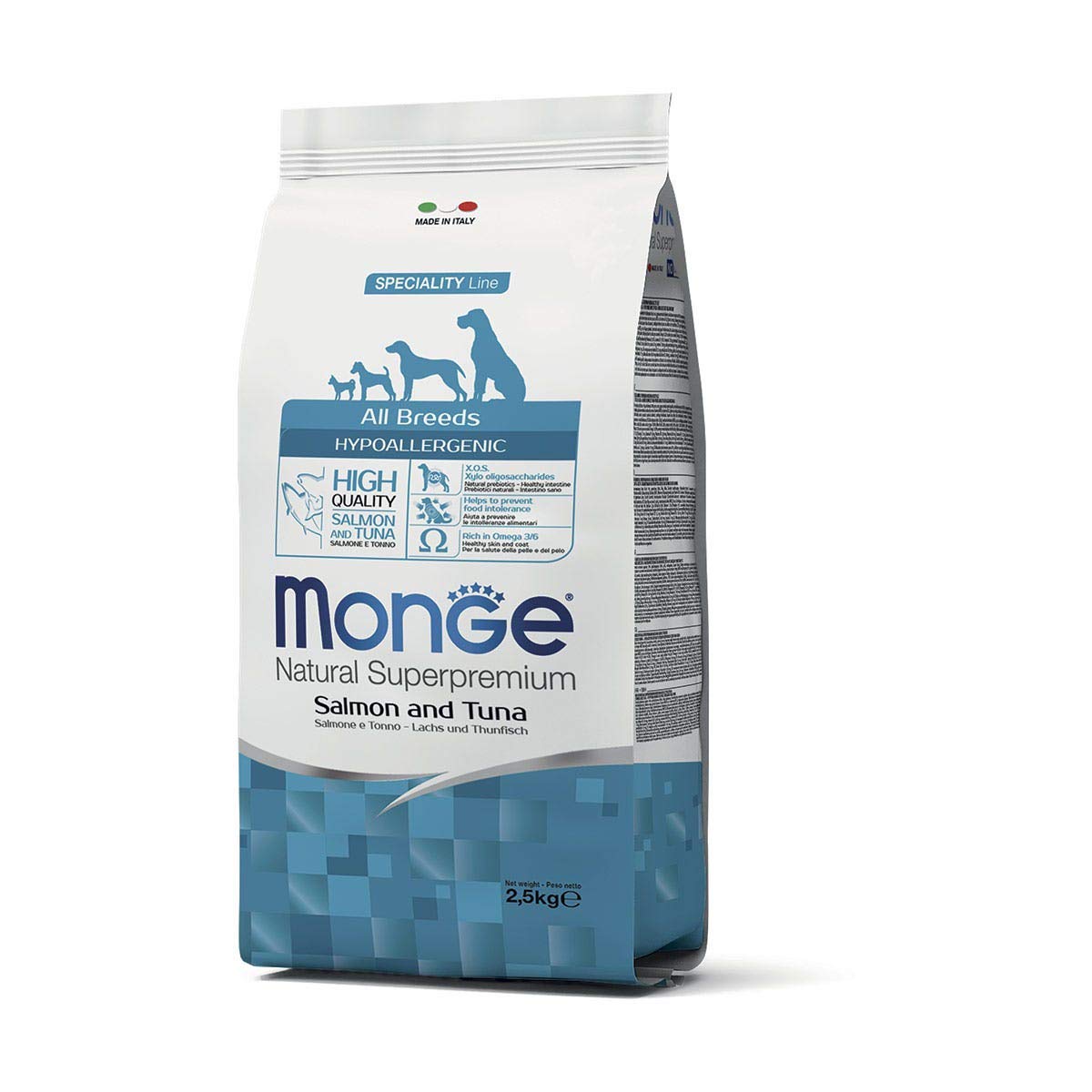 Monge Hypo Adult Salmon And Tuna, Cibo per Cani per Tutte Le Razze (Cibo Secco ipoallergenico per Cani con Salmone e tonno, Cibo per Cani per stomaci sensibili, Contenuto: 2,​5 kg)