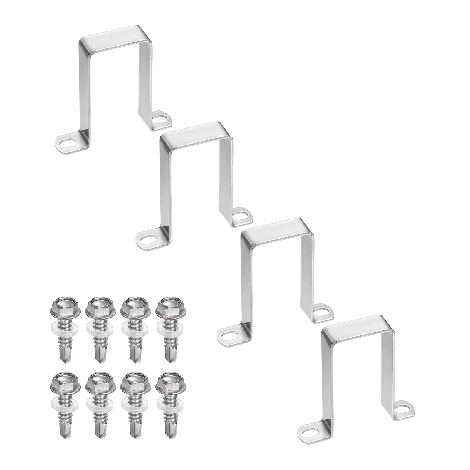 sourcing map 4set U Shaped Connector Bracket 40x80mm 304 Stainless Steel Square Pipe Clamp with Self Tapping Screw Square Tube Buckle for Pipe Hose Cable Automotive Parts, Silver