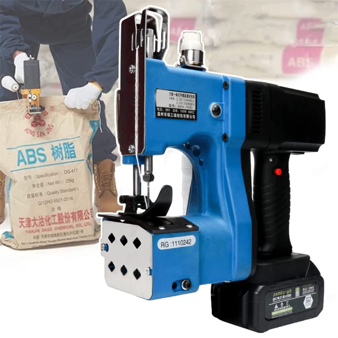 ASerZenith Portable Electric Bag Sealing Machine, Wireless Hand-Held Stitcher For Secure Closure Of Woven And Sack Bags,Blue-2X2500Mah