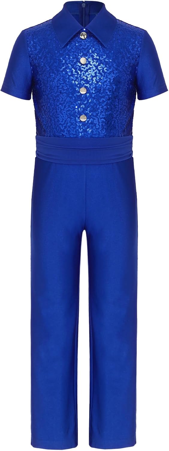 Linjinx Kids Boys Sequins Short Sleeve Gymnastics Leotard Long Pants Jumpsuit Hip Hop Jazz Latin Ballet Dance Bodysuit