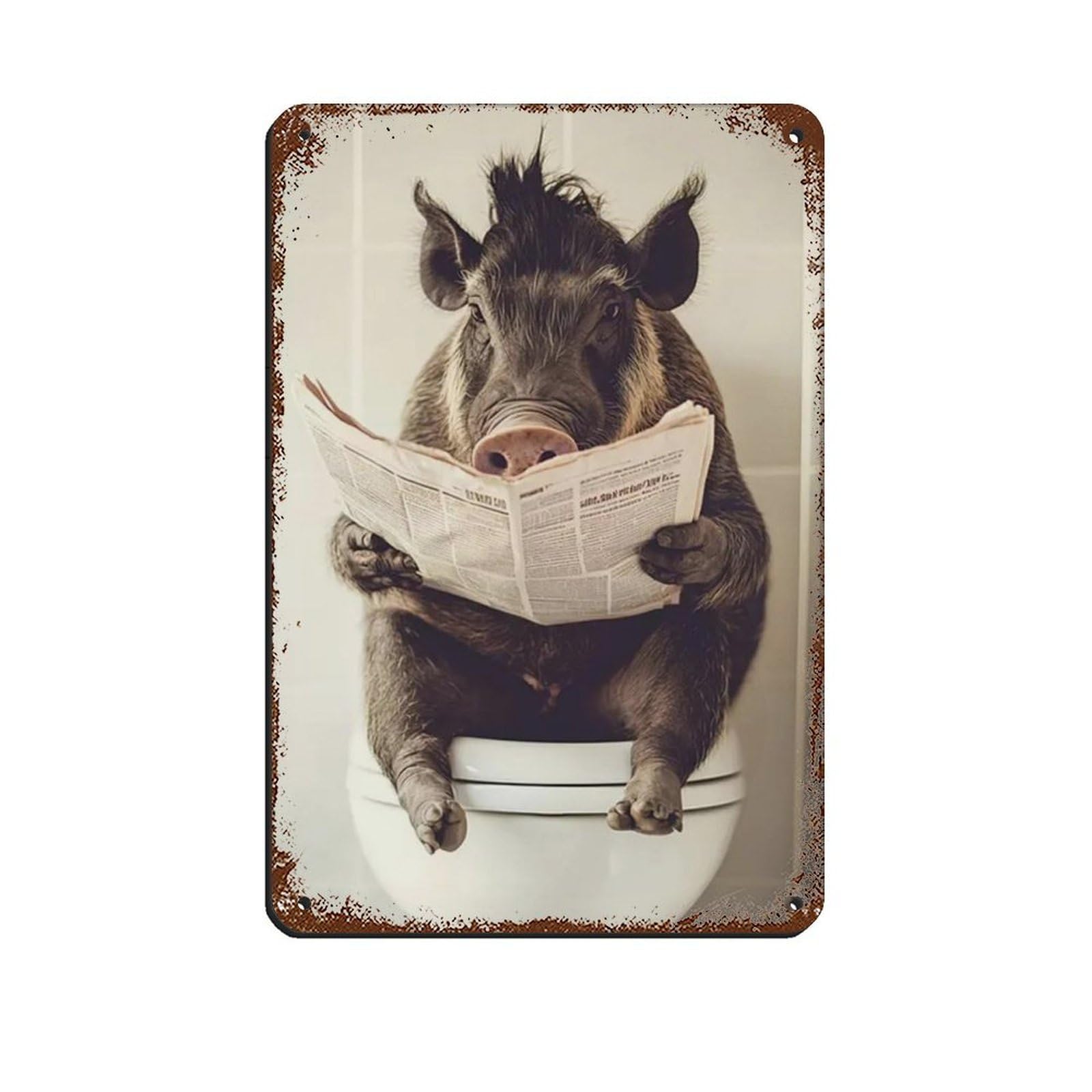Lxwnze 20L X 30W Cm Warthog Sitting On Toilet Reading Newspaper Retro Poster Metal Tin Sign Chic Art Retro Iron Painting Bar People Cave Cafe Family Garage Poster Wall Decoration 8X12inch(20X30cm)