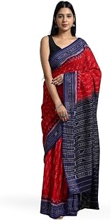 ODISHAHANDLOOM Sambalpuri Pure Cotton Handloom Saree, Traditional Ikat Pattern, Red and Green, Without Blouse Price In India